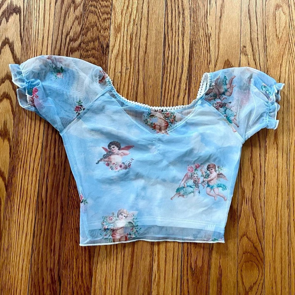 Blue Sheer Angel Print Women's Top - Picture 2 of 3